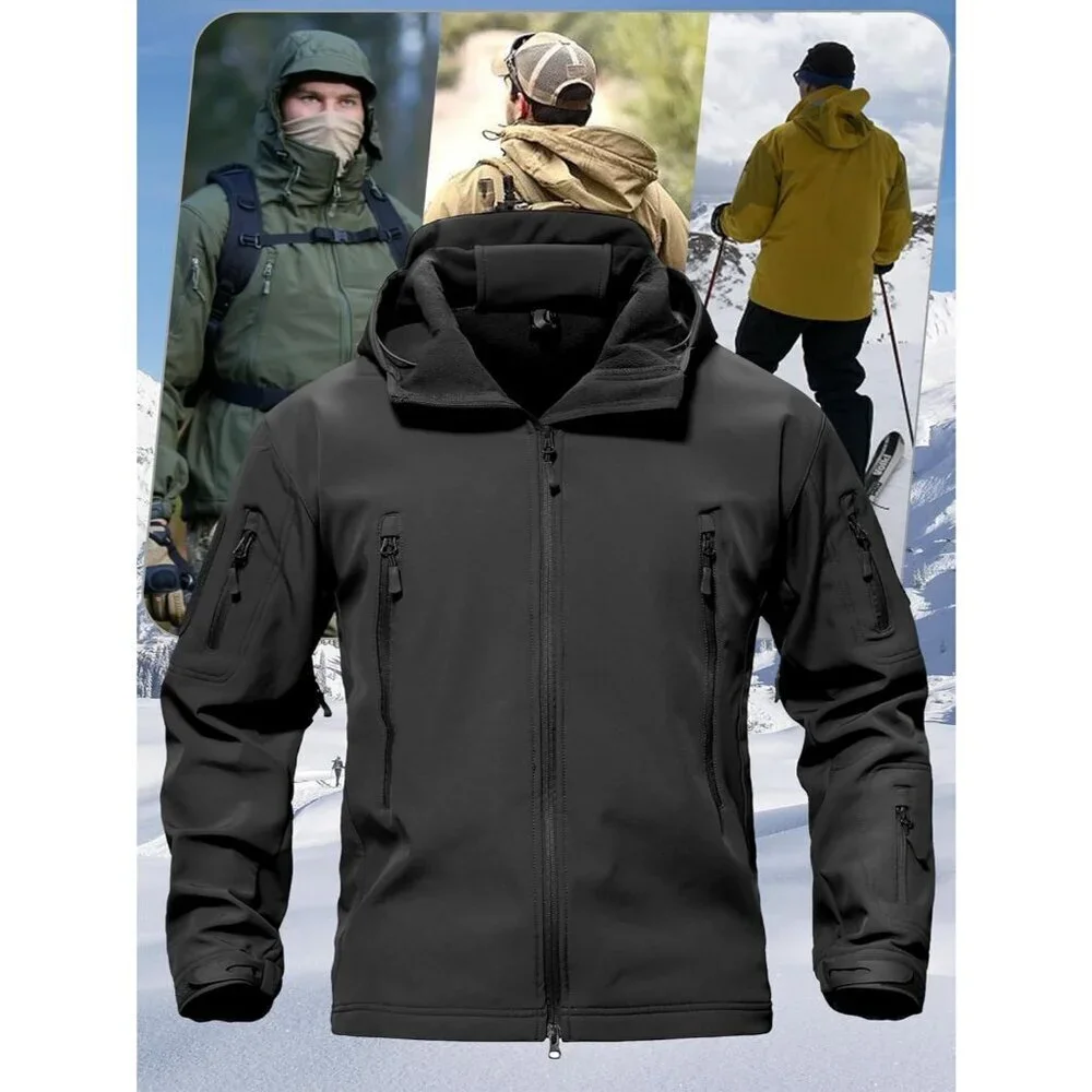 Men's Black Tactical Soft Shell Winter Jacket with Fleece Lining & Hood